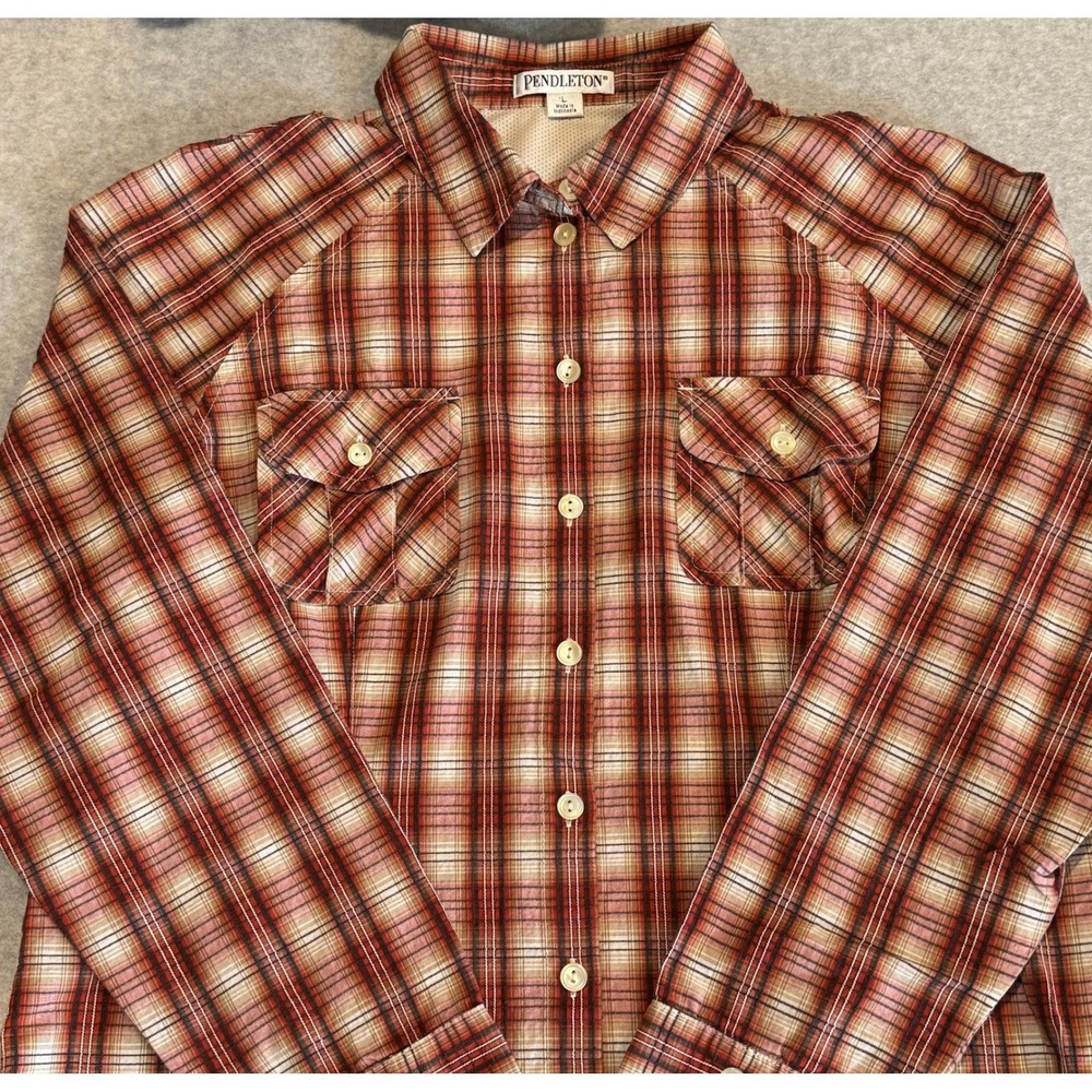 Pendleton Vented Long Sleeve Button Up Shirt Womens Large Red Tan Plaid Cotton - Picture 3 of 15